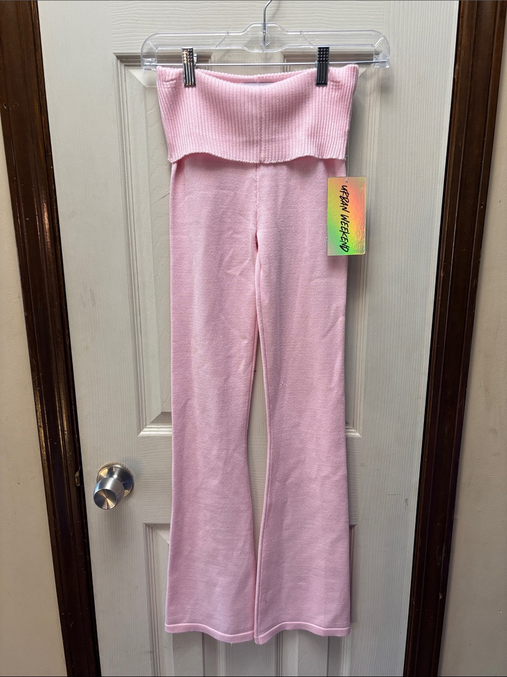 Fold-Over Waist Wide Leg Knit Pants - Light Pink